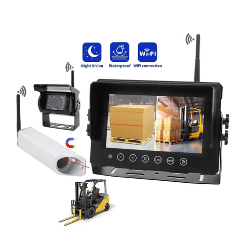 No Sweat Wireless Forklift Camera System With Quick Snap Magnetic Battery And Precision Laser Guide 7 Inch Split Screen Monitor Rear View Backup Cam For Warehouse Lift Trucks Crisp 1080P Night Vision