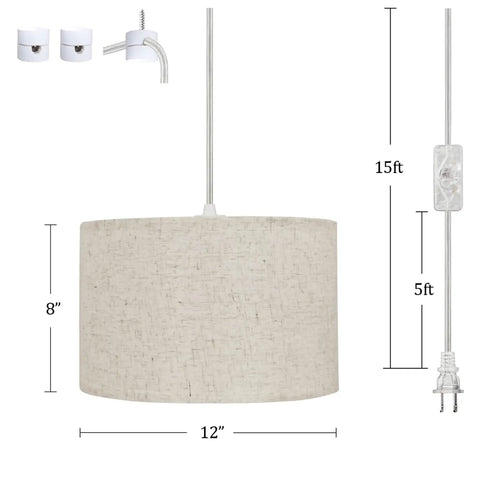 2 Pack Plug In Pendant Lights With Remote Beige Linen Hanging Lamps For Bedroom Kitchen And Dining Room 15 Foot Clear Cord dimensions with swag hook