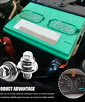 Tough As Nails Oem Style Car Battery Terminal Bolts 3/8 16 Thread Short Stud Extender installed on green battery in engine bay.