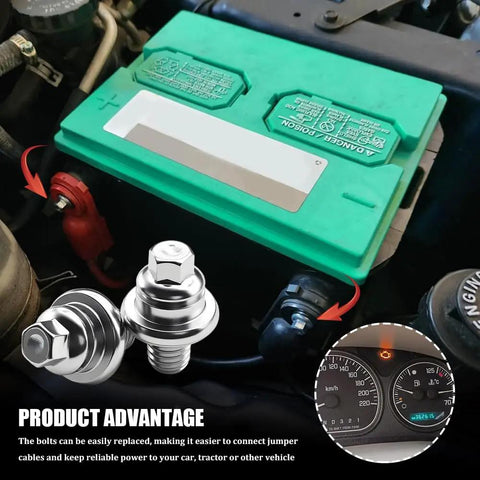 Tough As Nails Oem Style Car Battery Terminal Bolts 3/8 16 Thread Short Stud Extender installed on green battery in engine bay.