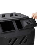 Outdoor Tumbling Composter 43 Gallon Dual Chamber With Two Sliding Doors Heavy Duty Compost Tumbler lid opened by hand