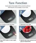Step-by-step guide using Ultra Slim Digital Kitchen Scale for food weighing up to five kilograms with 0.1 ounce and 1 gram increments.
