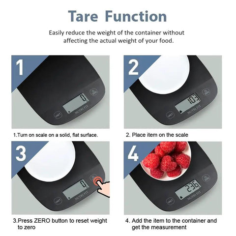 Step-by-step guide using Ultra Slim Digital Kitchen Scale for food weighing up to five kilograms with 0.1 ounce and 1 gram increments.