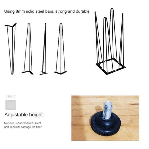 Rock Solid Black Hairpin Table Legs With Adjustable Height And Reinforced Welded Base For Dining Or Coffee Tables Includes Scratch Guard Feet shown in various angles.