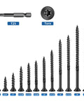 Eight By One And One Quarter Inch Heavy Duty Black Deck Screws Torx Drive With T25 Bit For Outdoor Wood Decking And Fencing Rust Resistant 1 Lb 186 Pieces displayed with varying sizes and T25 bit.