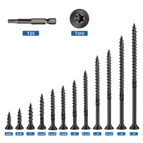 Eight By One And One Quarter Inch Heavy Duty Black Deck Screws Torx Drive With T25 Bit For Outdoor Wood Decking And Fencing Rust Resistant 1 Lb 186 Pieces displayed with varying sizes and T25 bit.