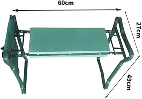 Heavy Duty Garden Kneeler And Seat Foldable Bench For Yard Work With Velcro Tool Pouches in green, dimensions shown.