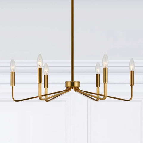 Six Light Modern Brushed Brass Chandelier 26 Inch Hanging Ceiling Light Fixture For Living Room Dining Room And Kitchen Island Industrial Candle Style Dope Tubular Design.
