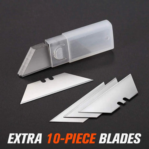 Beefy Heavy Duty Aluminum Box Cutter Knife Set with 10 extra SK5 blades for cartons, cardboard, boxes, and packaging.