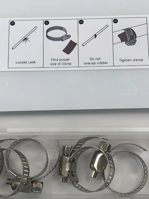 Emergency Pipe Repair Kit With 12 Patches And Clamps For Quick Leak Fix On One Quarter To One And A Quarter Inch Copper PVC And Metal Pipes No Water Shut Off Easy To Use Do It Yourself Patching For Straight Pipes And Elbows, instruction guide and clamps visible