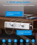 Smart Power Strip With Four Outlets And Four USB Ports, WiFi Enabled Flat Outlet on desk, showing individual control labels.