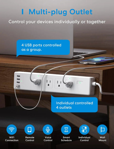Smart Power Strip With Four Outlets And Four USB Ports, WiFi Enabled Flat Outlet on desk, showing individual control labels.