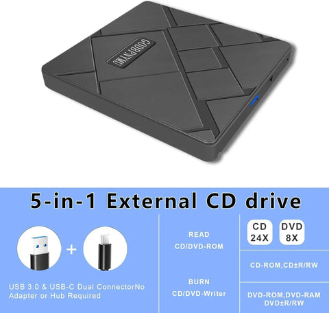 5 In 1 External CD DVD Drive For Laptops With USB C And USB 3 Burn CDs And Play DVDs Read Discs Fast And Quiet Plug And Play Across Windows MacOS And Linux Portable Lightweight, black