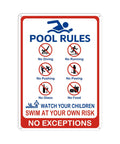 Big Pool Rules Sign 10x14 Inches For Outdoor Pools And Water Parks No Diving No Running No Pushing No Peeing No Glass No Food Rust Free 040 Aluminum Warning Sign For Swim Areas Keep It Safe with safety icons and text "No Exceptions"