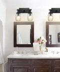 Industrial Black Vanity Light Fixtures With Glass Mason Jar Shades Two Light Vintage Wall Sconces for bathrooms.