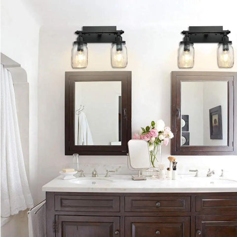 Industrial Black Vanity Light Fixtures With Glass Mason Jar Shades Two Light Vintage Wall Sconces for bathrooms.