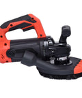 Dual Handle Angle Grinder Featuring A Flexible Articulating Head And Dust Deflecting Shroud with rubber grip and cleaning brush attachment.