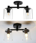 2-Light Industrial Glass Shade Semi Flush Mount Ceiling Fixture For Hallways, Kitchens, Lofts, And Bars with black finish detail.