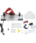 Heavy Duty Electric Tile Bevel Cutter With A Razor Sharp 1200W Saw Blade Spinning At 13000 RPM For Quick Ceramic Tile 43 Degree Chamfering And Effortless Water Cooled Cutting on a workspace.