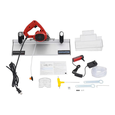 Heavy Duty Electric Tile Bevel Cutter With A Razor Sharp 1200W Saw Blade Spinning At 13000 RPM For Quick Ceramic Tile 43 Degree Chamfering And Effortless Water Cooled Cutting on a workspace.