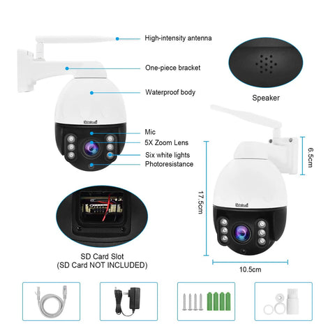 Diagram of All Weather Outdoor PTZ Surveillance Camera 5MP With 5x Optical Zoom WiFi IP Night Vision, dimensions labeled