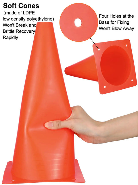 Close-up of 24 Piece 12 Inch Traffic Cone Set, Plastic Construction Safety Cones demonstrating flexibility, with four base holes