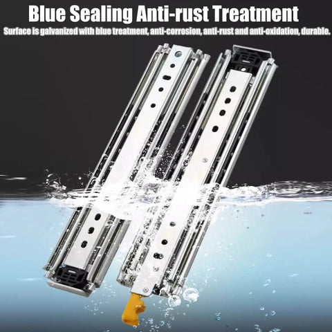Heavy Duty Full Extension Drawer Slides 12 To 80 Inch Side Mount Ball Bearing Rails with Locking Drawer Glides, shown with anti-rust treatment.