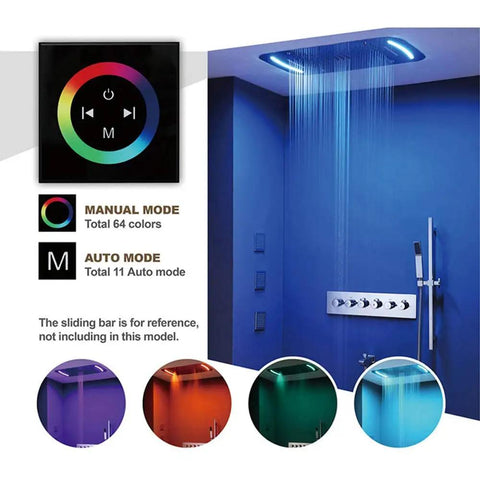Badass Wall Mounted LED Shower System With Copper Faucet And 43Cm Canopy Featuring Six Mode Spray Settings Rust Proof Silver Finish Smooth Thermostatic Valve Game Changer Build with LED control panel.