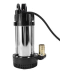 Built Like A Tank Stainless Steel Submersible Sump Pump 300W With 8 Foot Cable showing metallic body and discharge outlet.