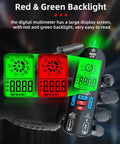 A1X Handy Smart Digital Multimeter Tester with Rechargeable Battery showing red and green backlit LCD display on a robotic hand