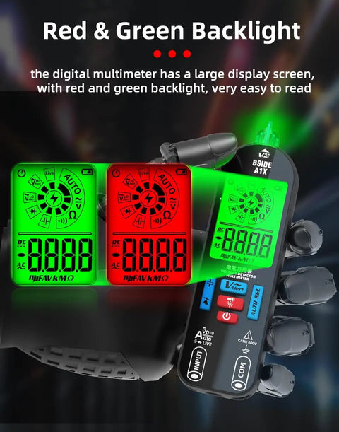 A1X Handy Smart Digital Multimeter Tester with Rechargeable Battery showing red and green backlit LCD display on a robotic hand