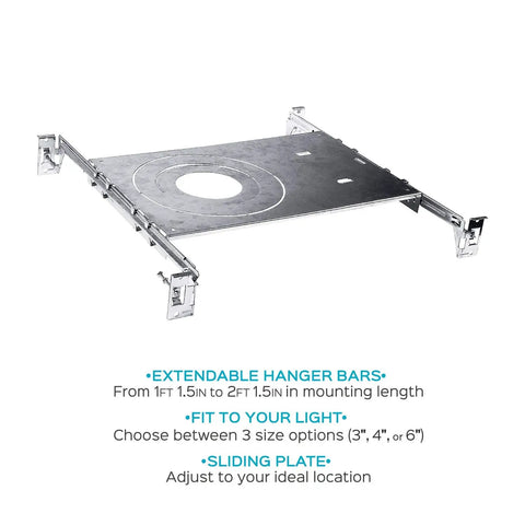 New Construction Mounting Plate For 3, 4, And 6 Inch LED Recessed Lights Kit With Extendable Hanger Bars, 4 Pack