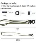 Four Pack Fire Starter Necklace Set With Flint And Steel Paracord Lanyard showing components and size dimensions