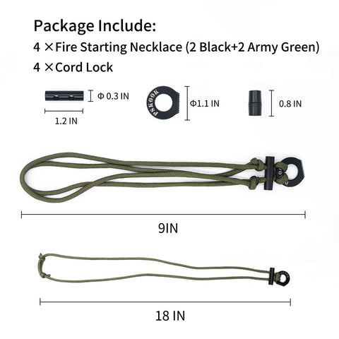 Four Pack Fire Starter Necklace Set With Flint And Steel Paracord Lanyard showing components and size dimensions
