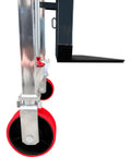 Side view of Heavy Duty Hydraulic Equipment Mover with red polyurethane wheels, 23.6 x 5.75 inch loading plate, close-up