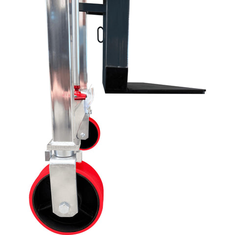 Side view of Heavy Duty Hydraulic Equipment Mover with red polyurethane wheels, 23.6 x 5.75 inch loading plate, close-up