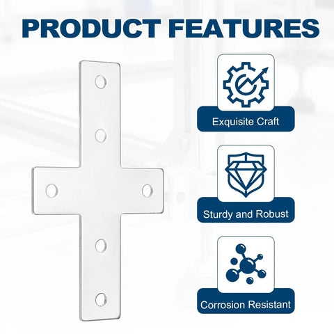 Six Piece Cross Shape Corner Brackets For 3030 Aluminum Extrusion Carbon Steel Joint Plates shown with product features