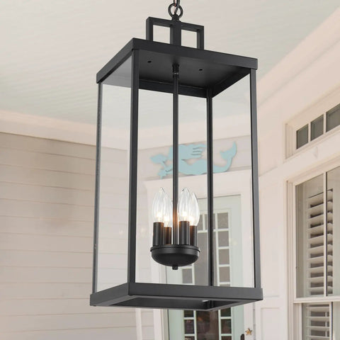 Large Twenty Five Inch Outdoor Pendant Light With Clear Glass And Sturdy Metal Build hangs in a porch with a cozy glow.