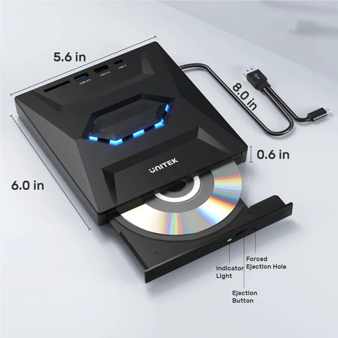 5 In 1 External Optical Drive With USB 3.0 And Type C Hub Portable CD DVD Burner And Disc Player Reads CDs And DVDs Includes USB A And USB C 2.0 Ports SD Card Slot Compatible With External Hard Drives Mice And Keyboards, black 6.0 x 5.6 x 0.6 in