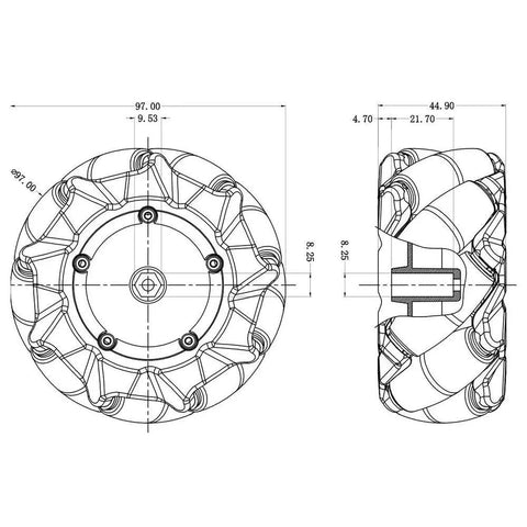 96mm high-hardness plastic mecanum wheel; front and side technical drawing with 6mm hub for omni-directional robot car