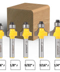 Top Shelf Roundover Router Bits Edge Forming Set Featuring Five Mini Quarter Inch Shank Blades Built With Badass Tungsten Carbide To Slice Wood Like Butter On Any Table Or Handheld Router Without Breaking A Sweep showing five roundover bits and wood block.