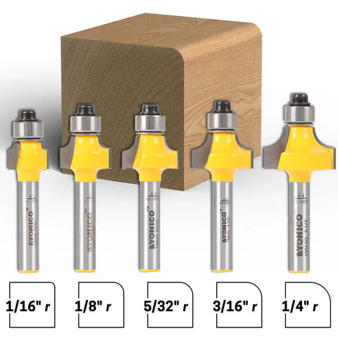 Top Shelf Roundover Router Bits Edge Forming Set Featuring Five Mini Quarter Inch Shank Blades Built With Badass Tungsten Carbide To Slice Wood Like Butter On Any Table Or Handheld Router Without Breaking A Sweep showing five roundover bits and wood block.