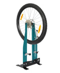 Heavy Duty Bicycle Wheel Truing Stand For MTB And Road Wheels, Removable Multi Function Wheel Alignment Tool, Adjustable Rim Width 3.5 To 5.9 Inches, High Carbon Steel With Durable Finish For Precise Rim Trueing, holding a bike wheel.