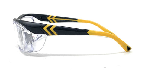 Prescription Compatible Safety Glasses With Bold Black And Yellow Frames, side view showing clear lenses and distinctive frame design.