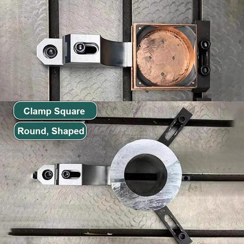 Heavy Duty Side Clamp Vise Kit for Milling Machines, top view of alloy steel lateral fixation system holding square and round objects