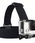 Adjustable Action Camera Head Strap Mount For Hands Free Use, Secure Wearable Head Belt with camera attached for outdoor activities.