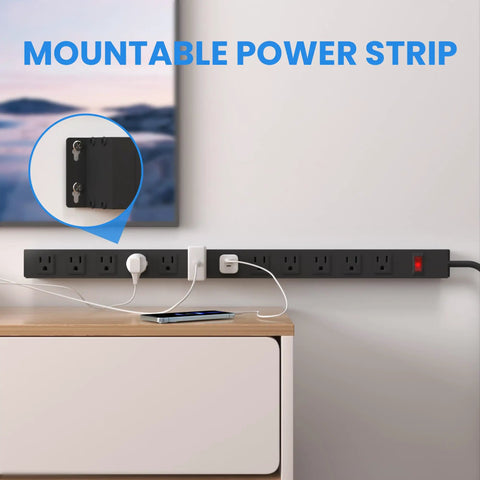 12 Outlet Power Strip Built Tough With 15A Circuit Breaker, wall mount ready on a desk, 6Ft 14AWG extension cord, 125V 60Hz