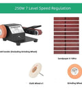 250W Multifunctional Electric Belt Sander And Polishing Machine With Knife Sharpener, displaying sandpaper, cloth, and grinding wheels.