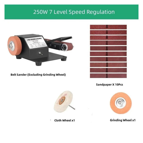 250W Multifunctional Electric Belt Sander And Polishing Machine With Knife Sharpener, displaying sandpaper, cloth, and grinding wheels.