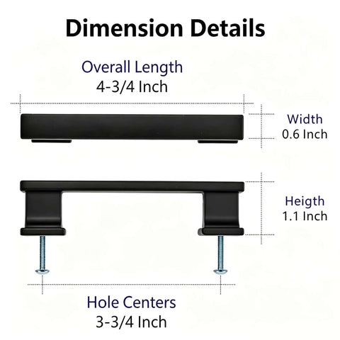 Slick Matte Black Cabinet Handles And Drawer Pulls Three Quarter Inch Ten Pack solid aluminum dimensions with length and hole spacing.